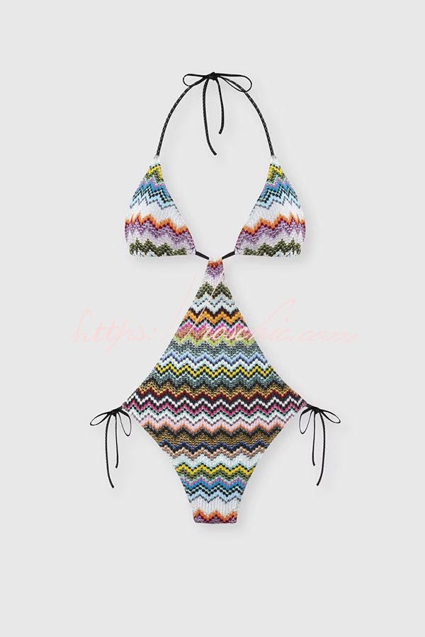 Luccia Colorful Zigzag Pattern Cutout Waist Tie-up Stretch One-piece Swimsuit