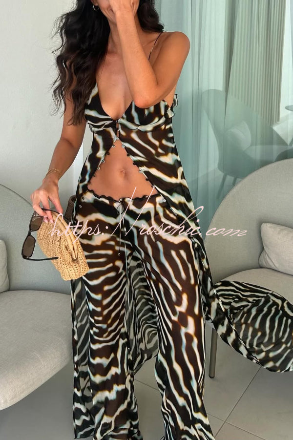 Zebra Print V-neck Camisole Long Mesh Top