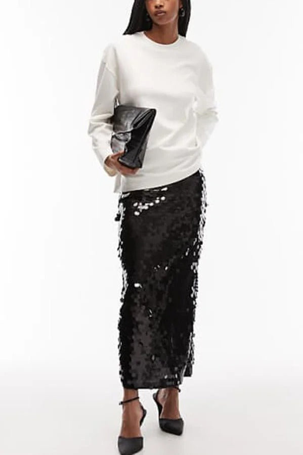 Chic Holiday Look Large Sequins High Rise Zipper Waist Slit Maxi Skirt