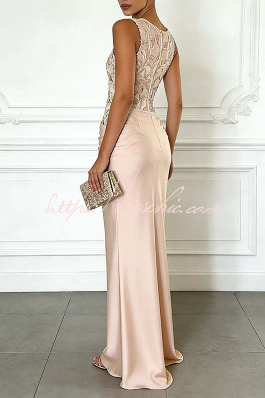 Vera Mesh Embroidery Satin Ruched Crew Neck Sleeveless Gown Maxi Dress