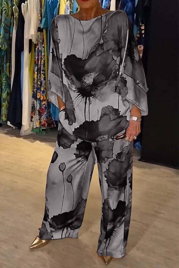 Ink Wash Floral Print Batwing Sleeve Wide Leg Pants Set