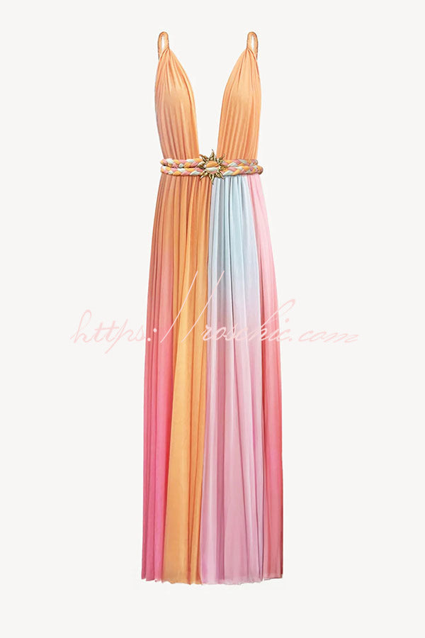 Rainbow Sky Chiffon Ombré Print Metal Decoration Woven Belted Vacation Maxi Dress
