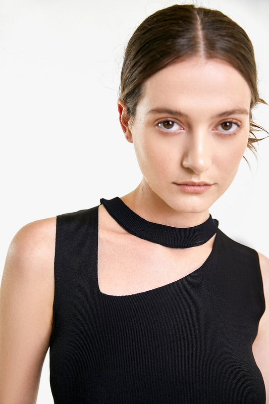 Black Rib-Knit Asymmetric Cut Out Tank Top