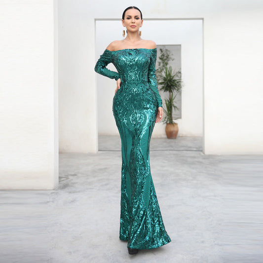 Cocktail Evening Dress off Shoulder Long Sleeve Retro Sequined Fishtail Dress