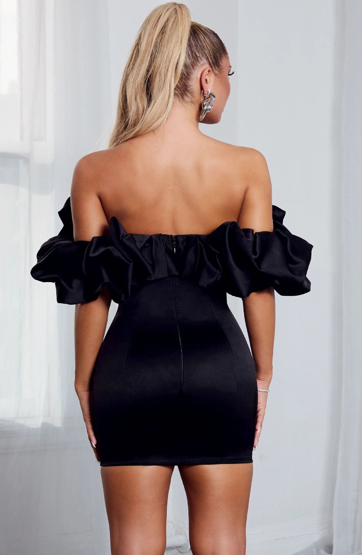 Zari Satin Ruffles Off Shoulder Mini Dress - Black