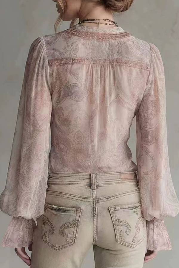Vintage Paisley Print Chiffon Lace Trim V-Neck Flare Sleeve Blouse
