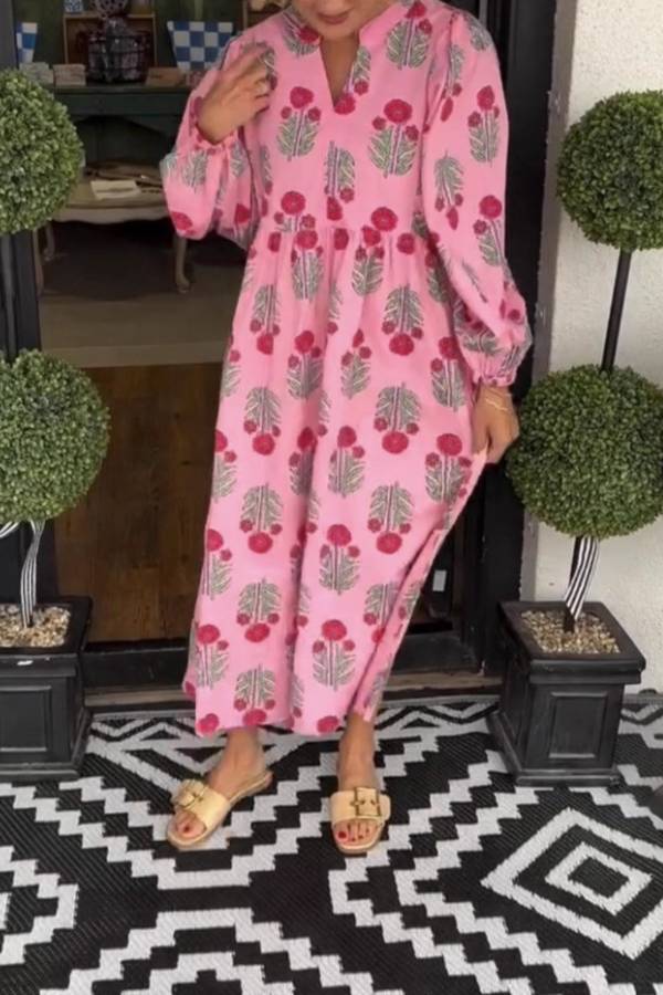 V-Neck Floral Print Puff Sleeve Relaxed Midi Dress