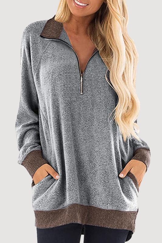 Casual Patchwork Pocket Zipper Turndown Collar Tops(4 Colors))