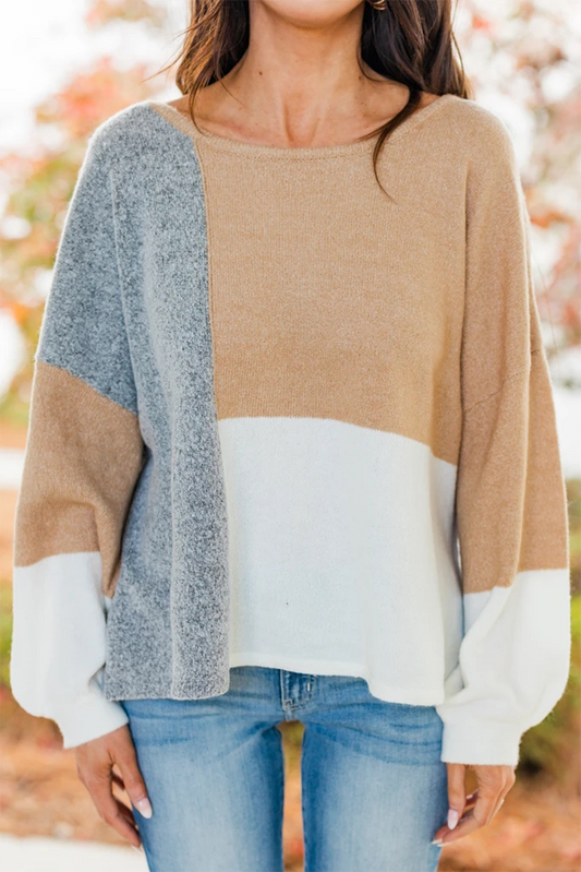 Casual Patchwork Contrast O Neck Tops Sweater