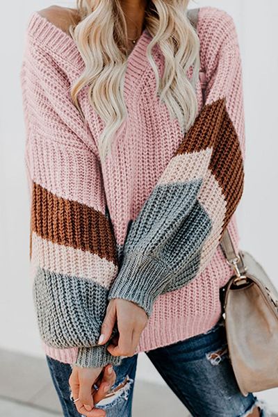 Casual Striped Split Joint Contrast V Neck Tops Sweater
