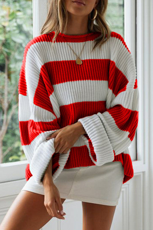 Casual Striped Split Joint Contrast O Neck Tops Sweater(5 colors)