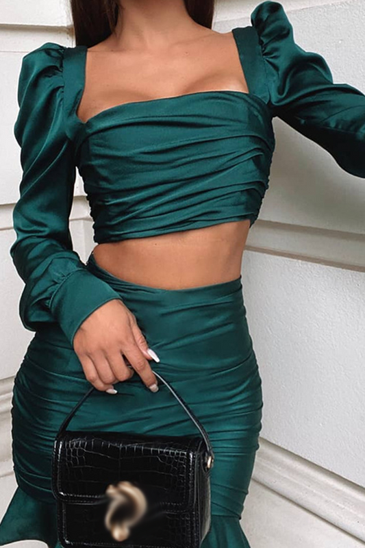 Sexy Solid Flounce Square Collar Long Sleeve Two Pieces