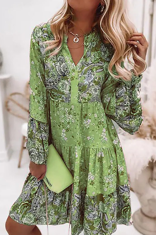 Casual Print Patchwork V Neck Cake Skirt Dresses(3 Colors)