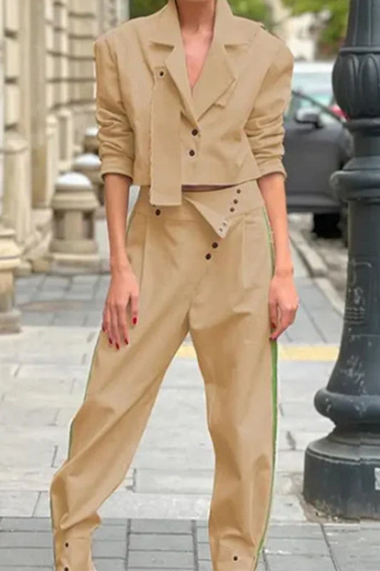 Casual British Style Solid Buttons Turn-back Collar Two Pieces(3 Colors)