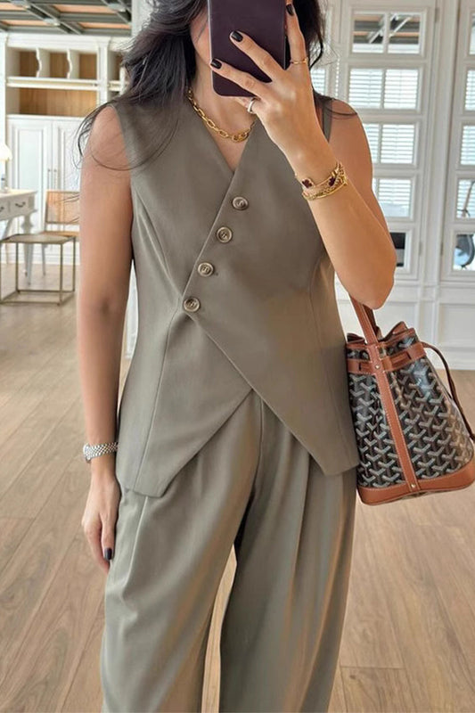 Casual Solid Color Buttons V Neck Sleeveless Two Pieces