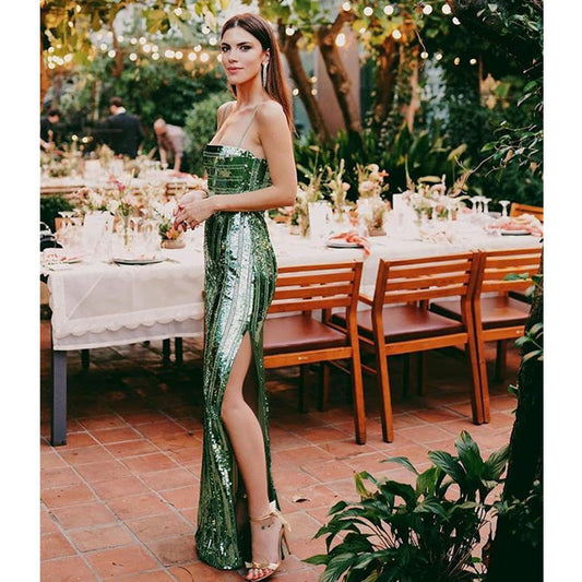 Aleena Satin Striped Cutout Midi Dress Green