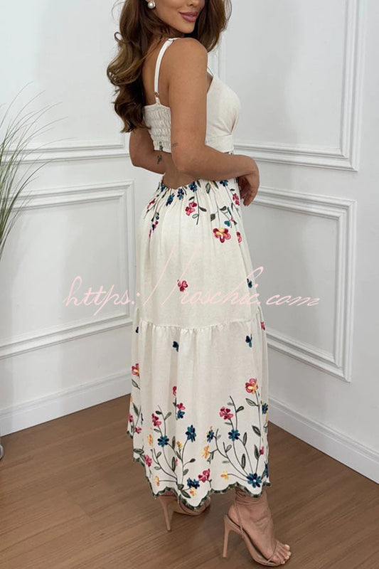 Vanie Linen Blend Floral Print Cutout Waist Back Smocked Slit Maxi Dress