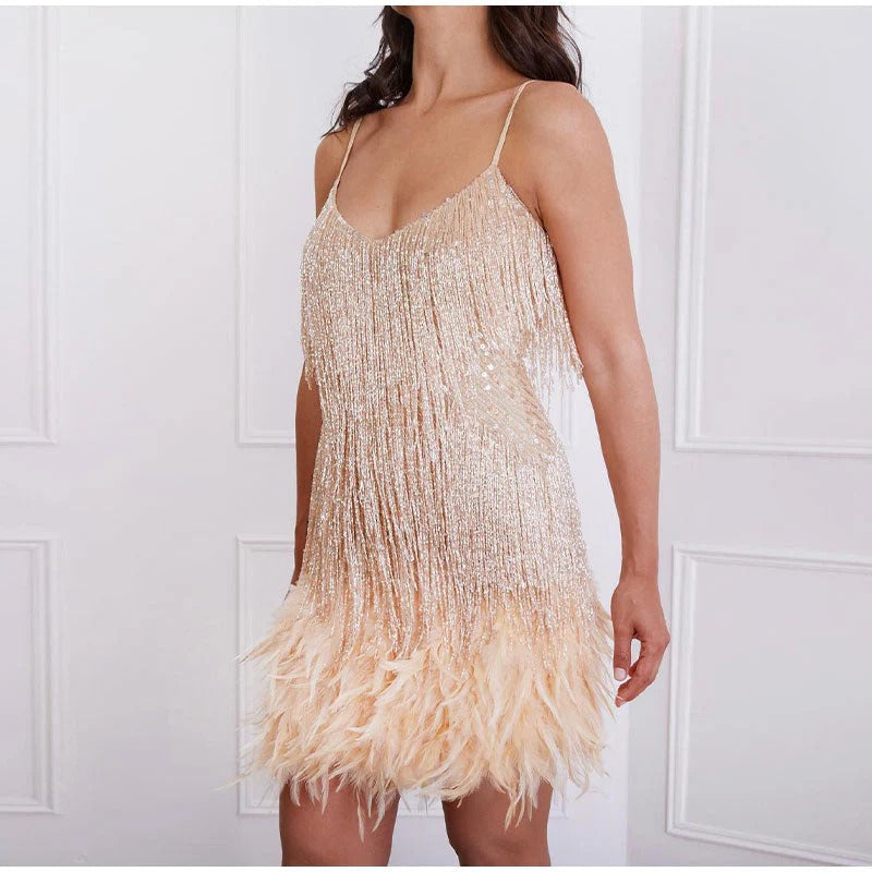Antoinette Premium Mini Evening Dress with Sequins and Feathers ��� Hannah Designer Edit