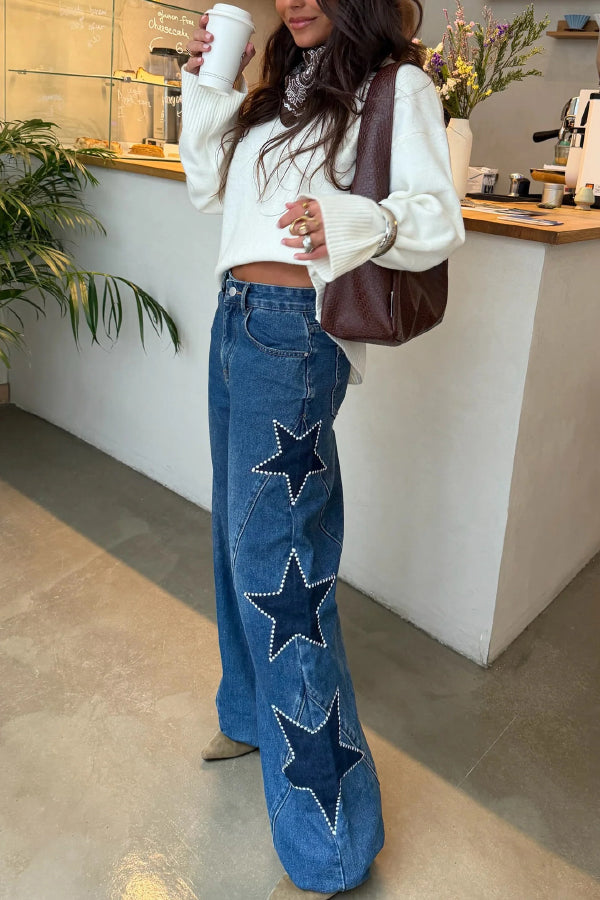 Jessy Denim Mid Rise Side Star Pattern Pocket Wide Leg Jeans (Shipped Within 24 Hours)