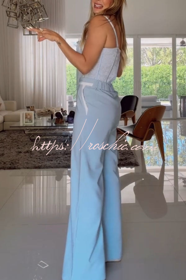 Timeless Essence Color Block Trim Elastic Waist Pocket Wide Leg Pants