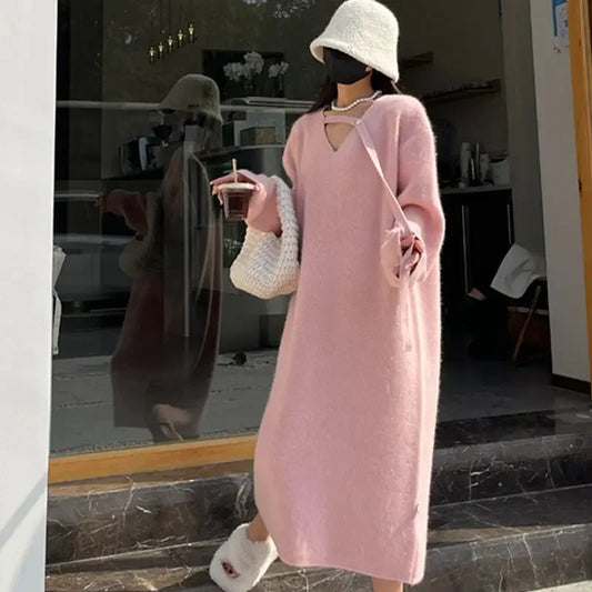 French Slimming Soft Vneck Sweater Maxi Bodycon Midi Dresses