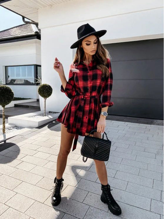 Riana Cotton Plaid Tie Shirt Dress Navy FINAL