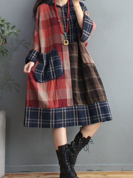 Plaid Cotton Loose Large Pockets Hooded Dress