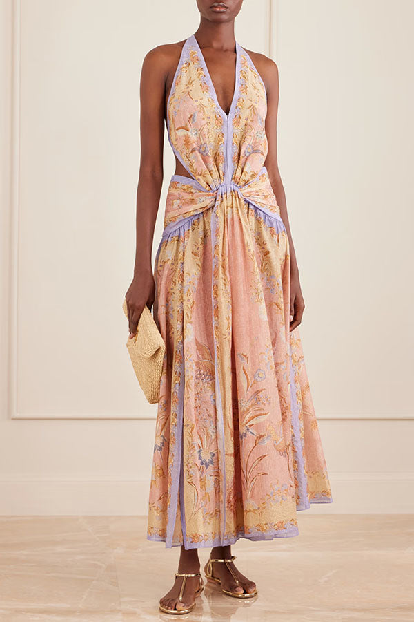 Chapel Linen Blend Floral Print Cutout Tie-up Waist Pocket Halter Backless Maxi Dress