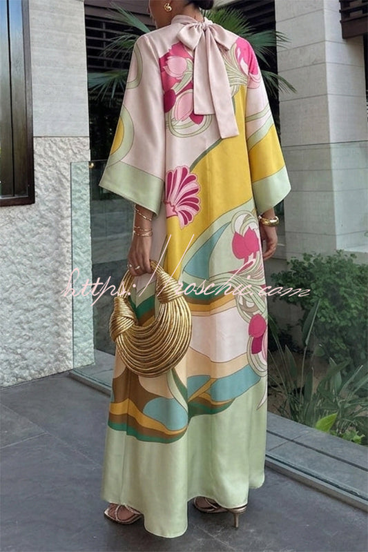 Darla Satin Colorful Baroque Style Printed Tie-up Neck Bell Sleeve Maxi Dress