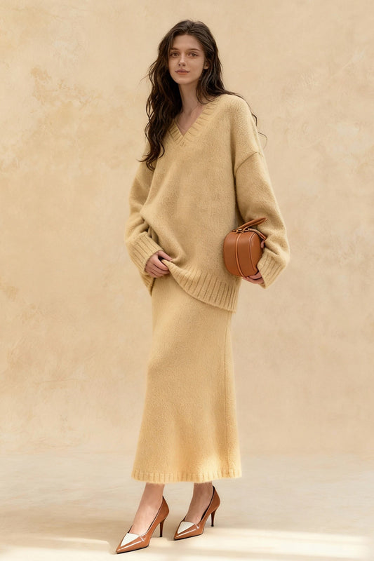 Lazy V-neck Knit Sweater Mermaid Skirt Two Piece Set