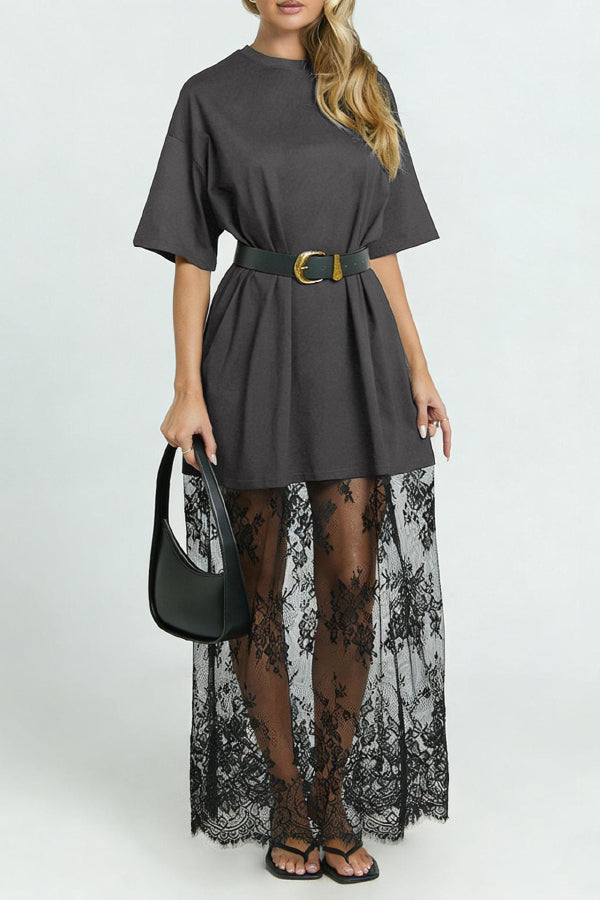 Stylish Loose-fitting Round Neck Short-sleeved Spliced lace Hem Maxi Dress