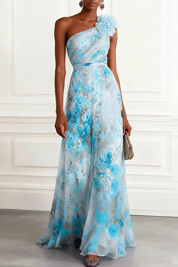 Verne Chiffon 3D Floral One Shoulder Pleated Sleeveless A-Line Gown Maxi Dress