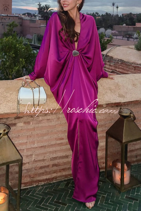 Tina Satin Plunge V-neck Gold Trim Detail Long Batwing Sleeve Maxi Dress