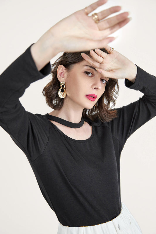 Black Long Sleeve Asymmetric Cut Out Top