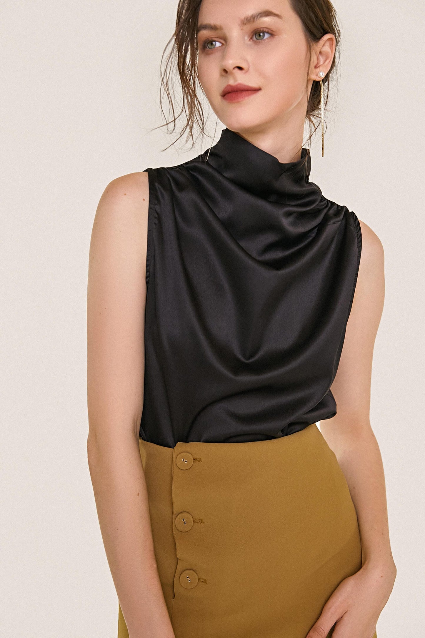 Black Sleeveless High Draped Neck Satin Work Blouse