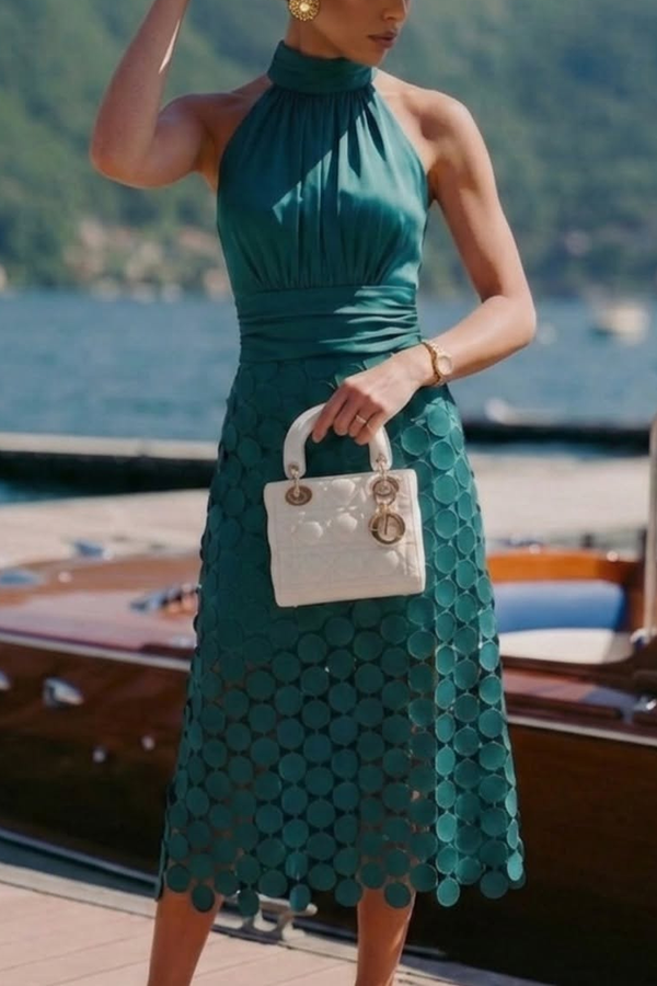 Janice Satin Ruched Halter Neck Sleeveless Embroidered Polka Dot Hem Midi Dress(Buy 2 Get Free Shipping)