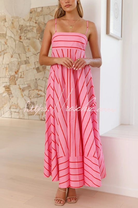 Striped Printed Spaghetti Strap Sleeveless Back Pleated Casual Maxi Dress