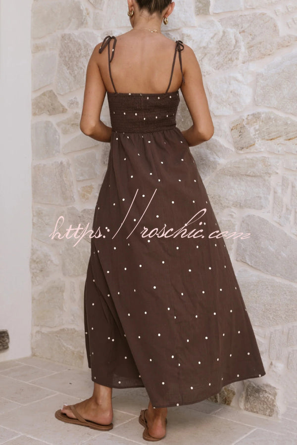 Fashionable Polka Dot Print Suspender High-waisted Pleated Casual Maxi Dress