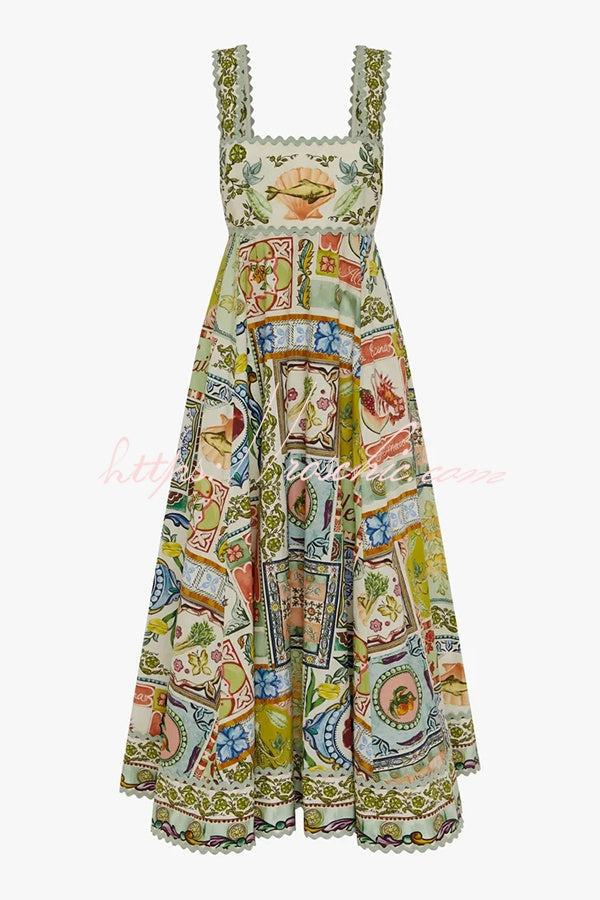Sea Calling Linen Blend Unique Print Scalloped Detail Back Smocked Pocket Maxi Dress