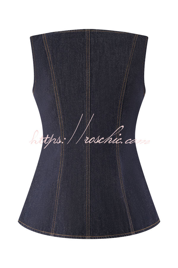 Stassi Denim Square Neck Unique Button Up Princess Seams Vest Top
