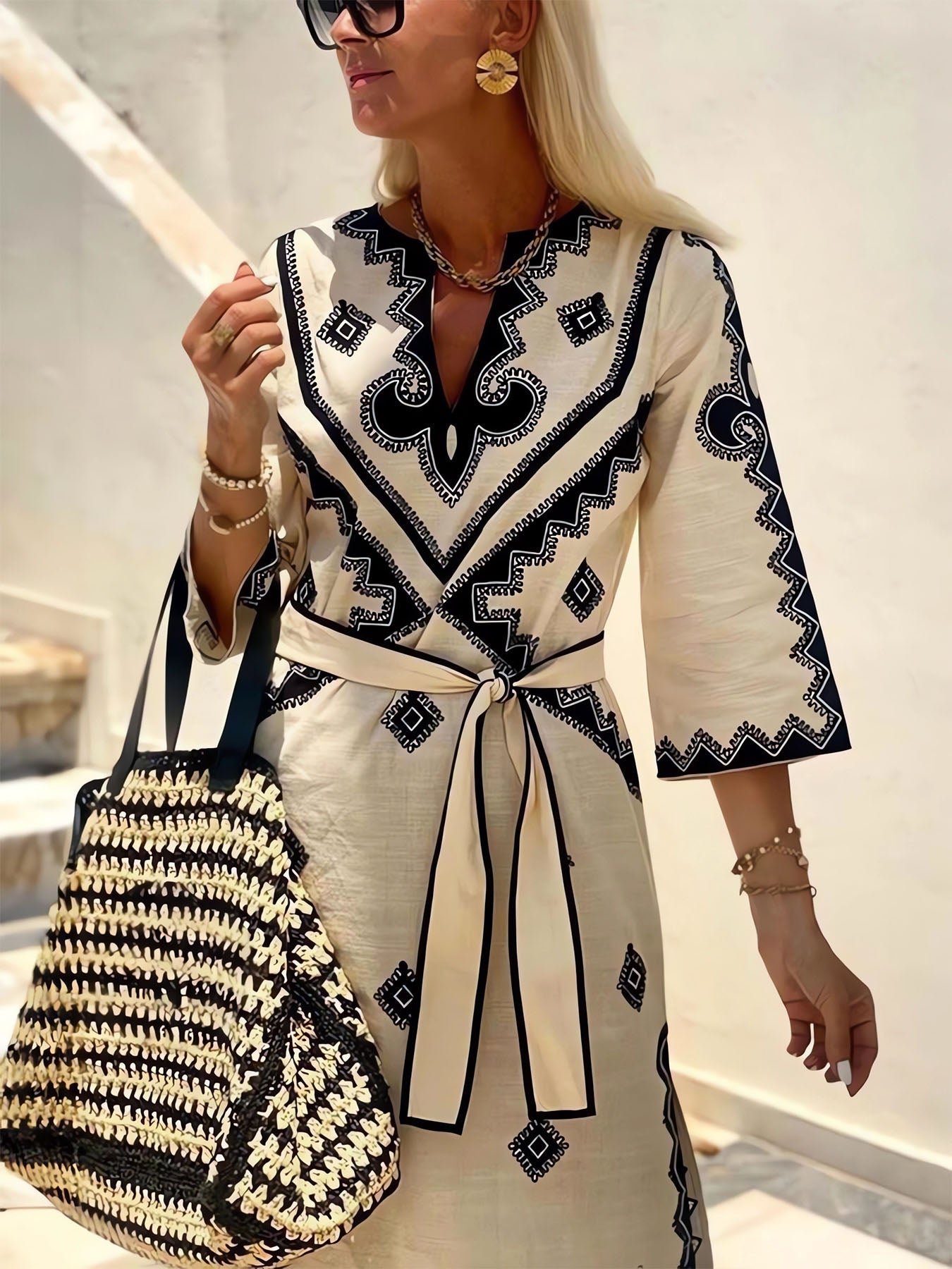 V-Neck Belt Dress