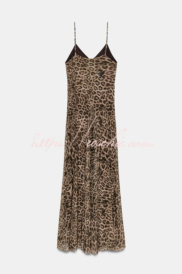 Jaycie Tulle Leopard Print V-neck Pleated A-line Hem Slip Maxi Dress