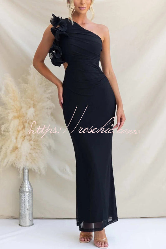 Fashionable Mesh Sleeveless One-shoulder Waist-revealing Maxi Dress