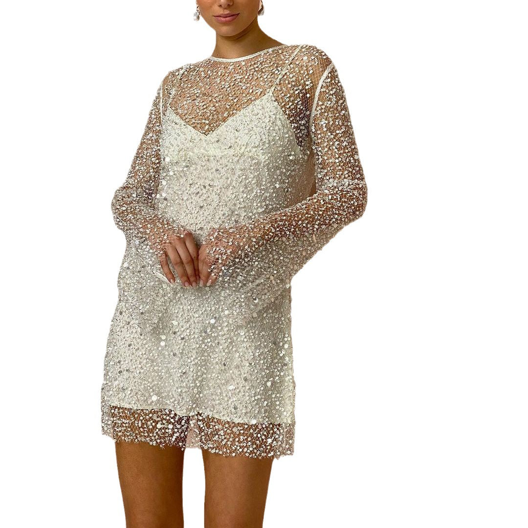 Amelia Aesthetic Sequin Mini Dress Transparent Mesh Style Premium Wardrobe Essential