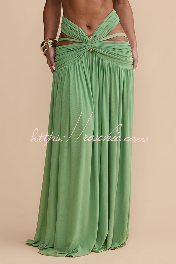 Martina Stretch Mesh Gold Metal Detail Gathered Cutout Waist Vacation Maxi Skirt