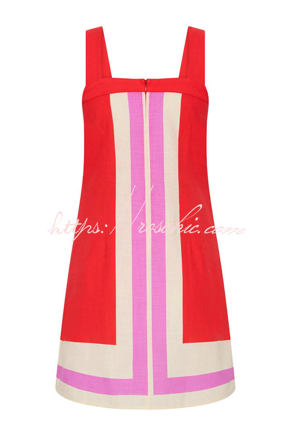 Mika Linen Blend Contrast Color Lines Square Neck Loose Mini Dress