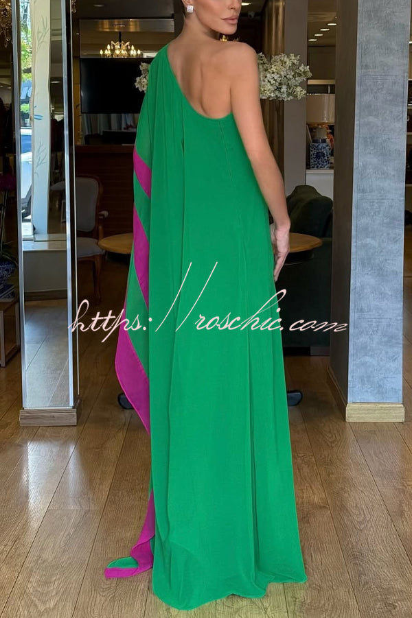 Fashionable Vacation Chiffon Color-blocked One Shoulder Loose Maxi Dress