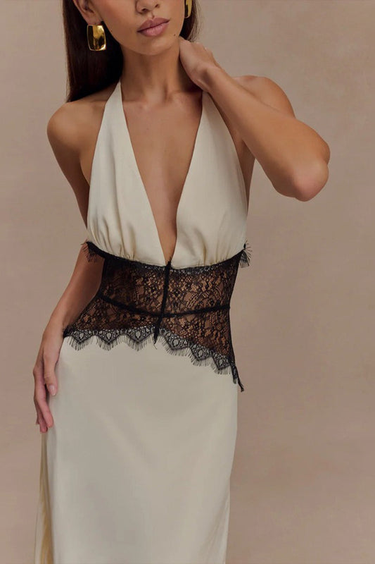 Deep V Halter Satin Slip Prom Dress