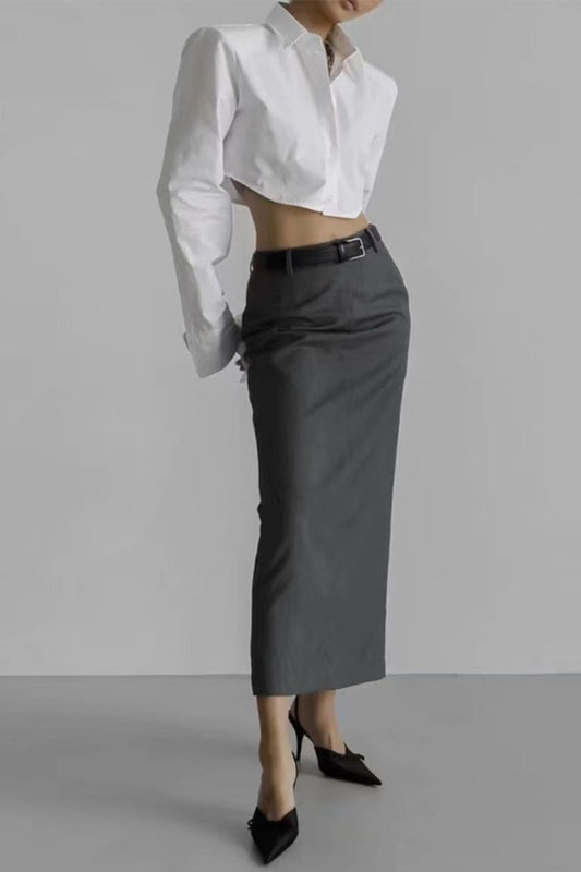 Wool Blazer Back Slit Midi Skirt