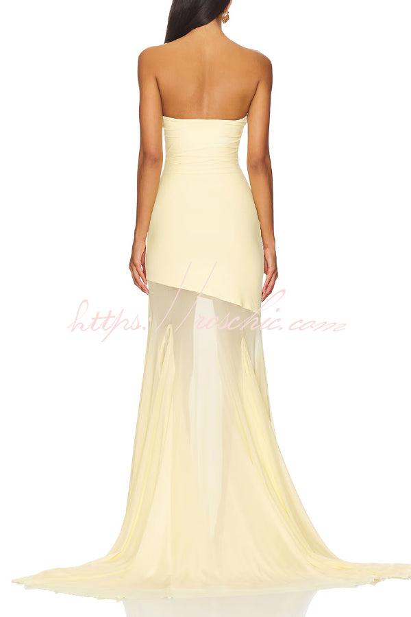 Solid Color Sleeveless Off-shoulder Mesh-paneled Fitted Maxi Dress